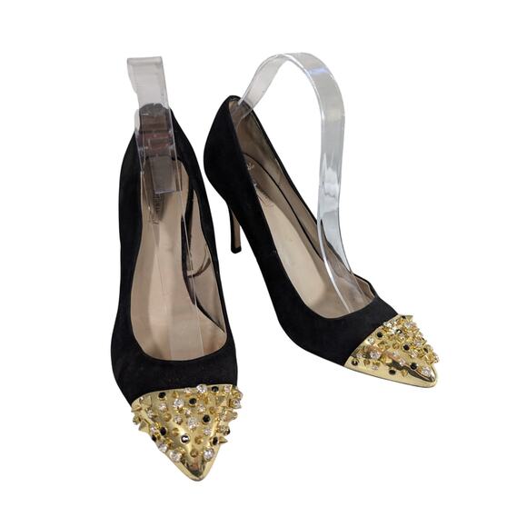ZARA WOMAN! BLACK GENUINE SUEDE LEATHER GOLD/RHINESTONE TOE HEELS! SZ 9.5M - Picture 2 of 10